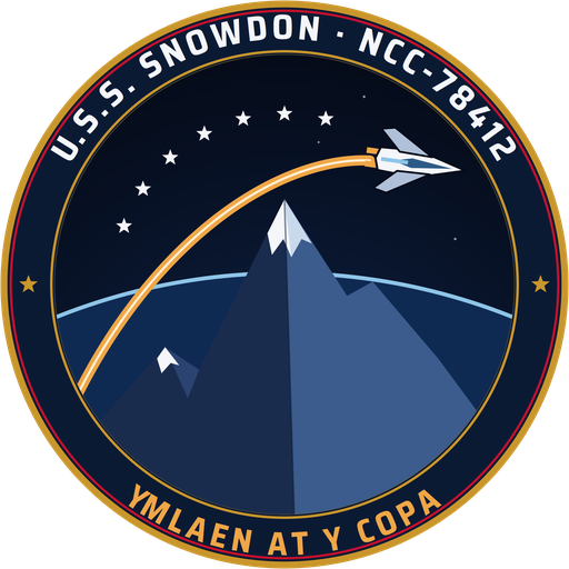 The USS Snowdon mission patch: a starship arcs over a snow-capped mountain, ringed with the ship's name and the motto Ymlaen at y copa